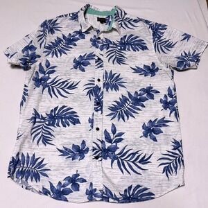 Matix Mens Large Hawaiian Shirt Blue White Tropical Floral Short Sleeve Button